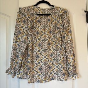 LOFT Cream and Brown Blouse with Bell Sleeves and Peter Pan Collar